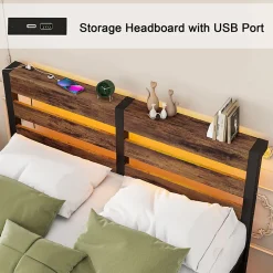 Lit Simple 120x200 cm, Lit Métal Ado avec Éclairage LED et Prises USB, Rangement dessous, Sans Matelas, Métal et Bois, Noir, Brun