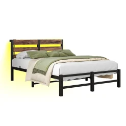 Lit Simple 120x200 cm, Lit Métal Ado avec Éclairage LED et Prises USB, Rangement dessous, Sans Matelas, Métal et Bois, Noir, Brun