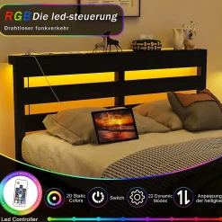 Lit Simple 120x200 cm, Lit Métal Ado avec Éclairage LED et Prises USB, Rangement dessous, Sans Matelas, Métal et Bois, Noir