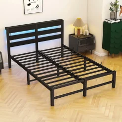 Lit Simple 120x200 cm, Lit Métal Ado avec Éclairage LED et Prises USB, Rangement dessous, Sans Matelas, Métal et Bois, Noir