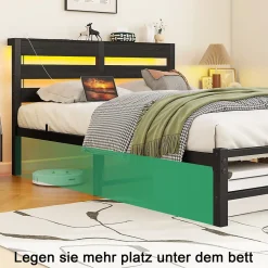 Lit Simple 120x200 cm, Lit Métal Ado avec Éclairage LED et Prises USB, Rangement dessous, Sans Matelas, Métal et Bois, Noir