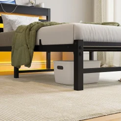 Lit Simple 90x200 cm, Lit Métal Ado avec Éclairage LED et Prises USB, Rangement dessous, Sans Matelas, Métal et Bois, Noir