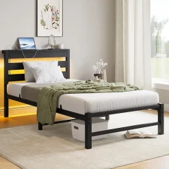Lit Simple 90x200 cm, Lit Métal Ado avec Éclairage LED et Prises USB, Rangement dessous, Sans Matelas, Métal et Bois, Noir
