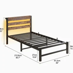 Lit Simple 90x200 cm, Lit Métal Ado avec Éclairage LED et Prises USB, Rangement dessous, Sans Matelas, Métal et Bois, Noir, Brun