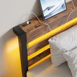 Lit Simple 90x200 cm, Lit Métal Ado avec Éclairage LED et Prises USB, Rangement dessous, Sans Matelas, Métal et Bois, Noir, Brun