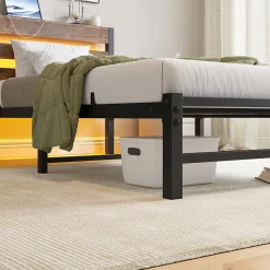 Lit Simple 90x200 cm, Lit Métal Ado avec Éclairage LED et Prises USB, Rangement dessous, Sans Matelas, Métal et Bois, Noir, Brun
