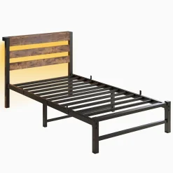 Lit Simple 90x200 cm, Lit Métal Ado avec Éclairage LED et Prises USB, Rangement dessous, Sans Matelas, Métal et Bois, Noir, Brun