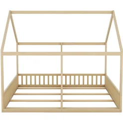 Lit simple 90x200 cm modèle maison naturel, lit bas 2-en-1 pour enfants et adolescents, design ludique et multifonction