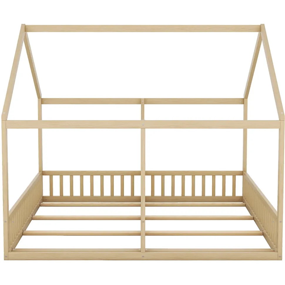 Lit simple 90x200 cm modèle maison naturel, lit bas 2-en-1 pour enfants et adolescents, design ludique et multifonction