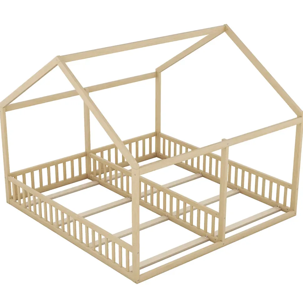 Lit simple 90x200 cm modèle maison naturel, lit bas 2-en-1 pour enfants et adolescents, design ludique et multifonction