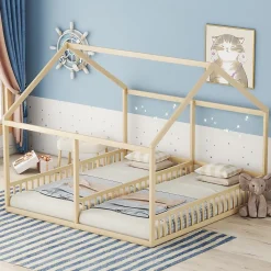 Lit simple 90x200 cm modèle maison naturel, lit bas 2-en-1 pour enfants et adolescents, design ludique et multifonction