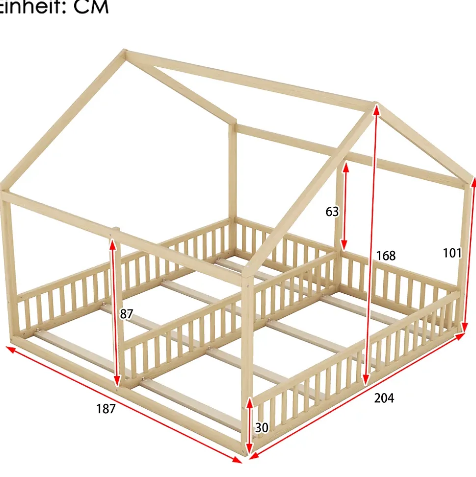 Lit simple 90x200 cm modèle maison naturel, lit bas 2-en-1 pour enfants et adolescents, design ludique et multifonction