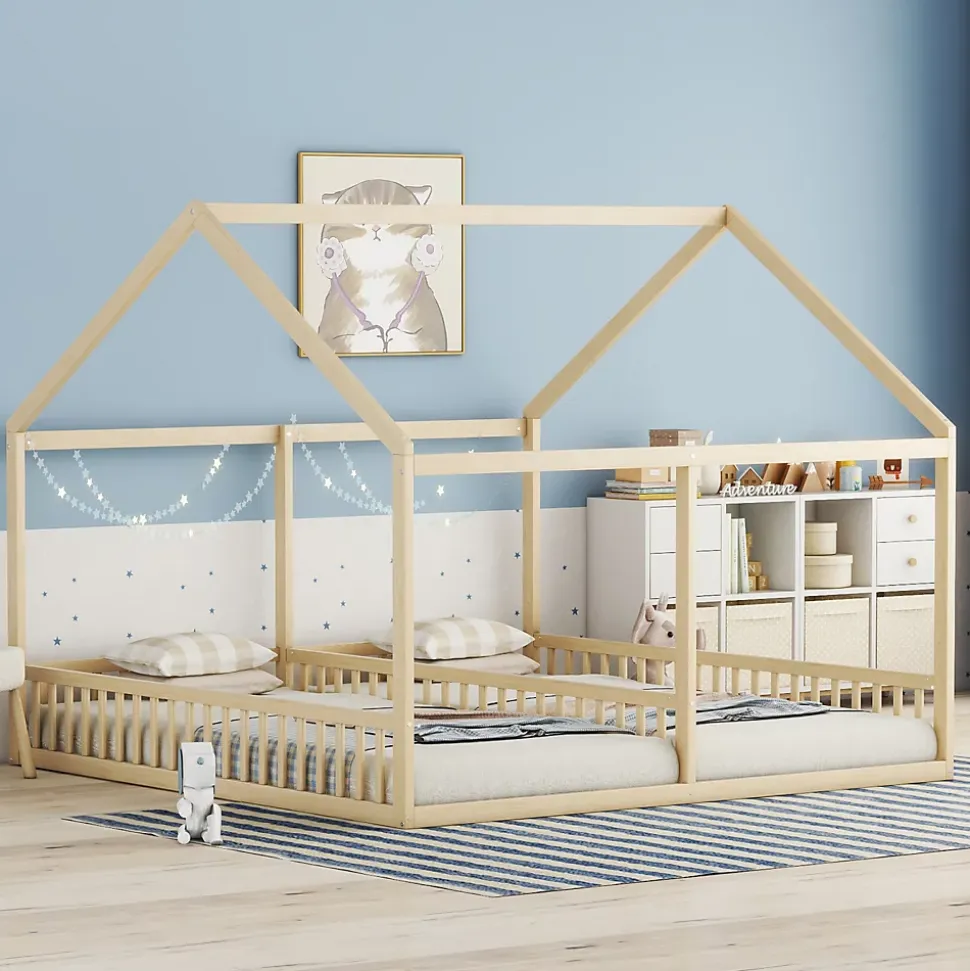 Lit simple 90x200 cm modèle maison naturel, lit bas 2-en-1 pour enfants et adolescents, design ludique et multifonction