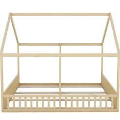 Lit simple 90x200 cm modèle maison naturel, lit bas 2-en-1 pour enfants et adolescents, design ludique et multifonction