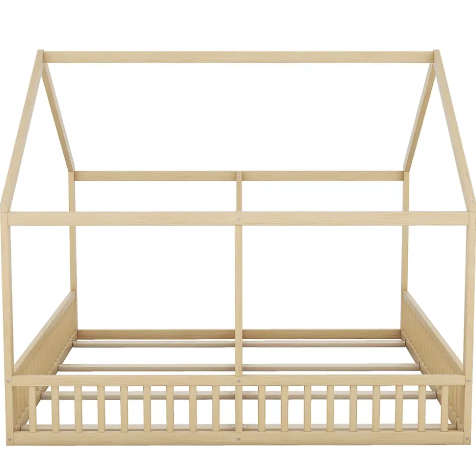 Lit simple 90x200 cm modèle maison naturel, lit bas 2-en-1 pour enfants et adolescents, design ludique et multifonction