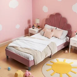 Lit simple 90x200 cm rouge, rembourré velours, tête fleur, sommier à lattes, cadre stable, idéal pour enfant