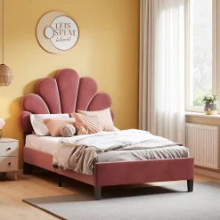 Lit simple 90x200 cm rouge, rembourré velours, tête fleur, sommier à lattes, cadre stable, idéal pour enfant