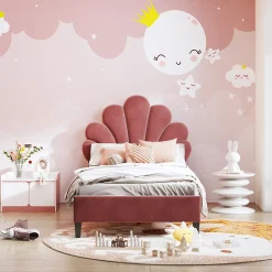 Lit simple 90x200 cm rouge, rembourré velours, tête fleur, sommier à lattes, cadre stable, idéal pour enfant