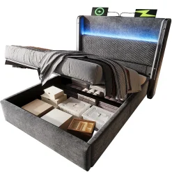 Lit simple 90x200 cm, tête haute, LED/USB, hydraulique, lin - gris