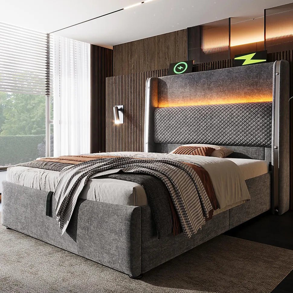 Lit simple 90x200 cm, tête haute, LED/USB, hydraulique, lin - gris