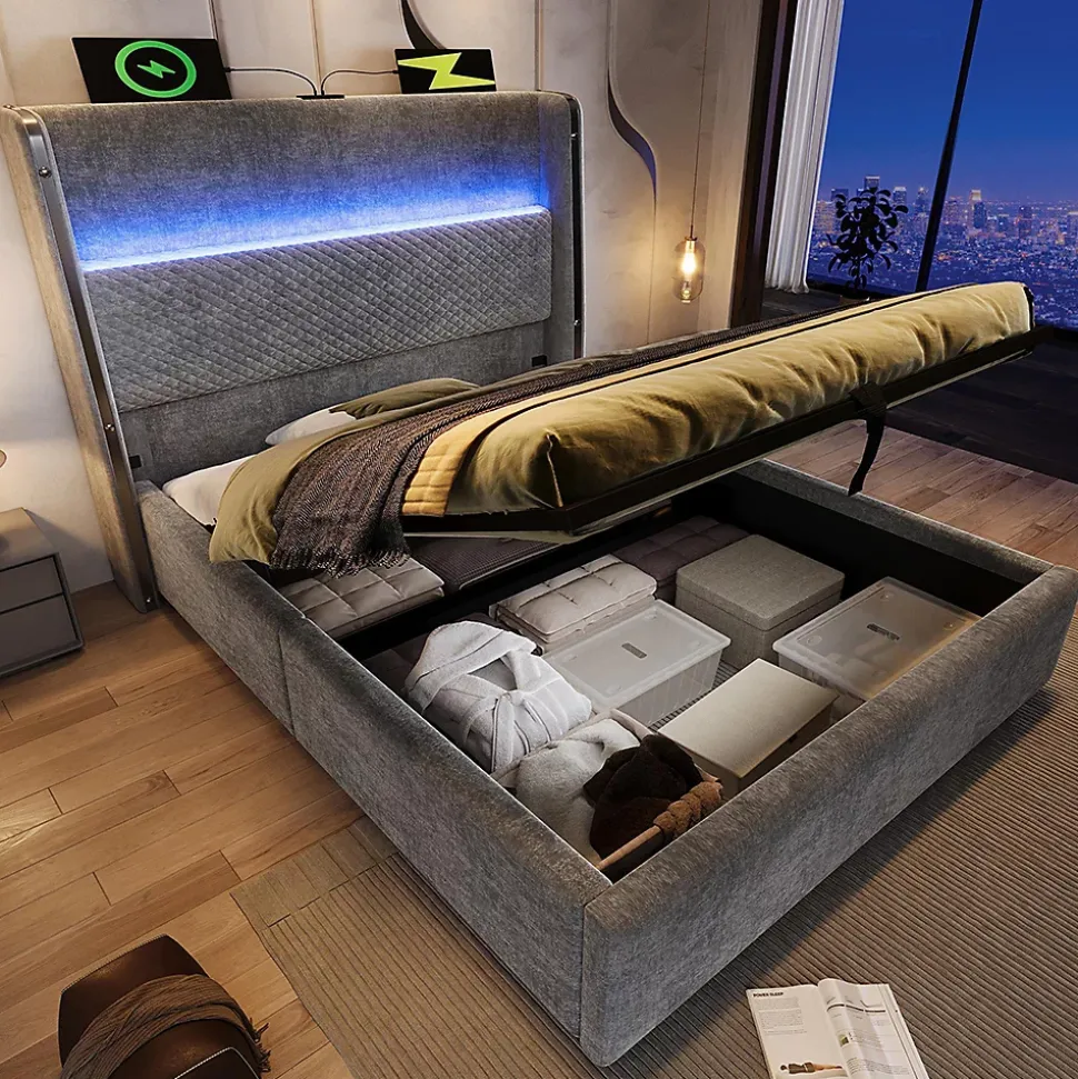 Lit simple 90x200 cm, tête haute, LED/USB, hydraulique, lin - gris