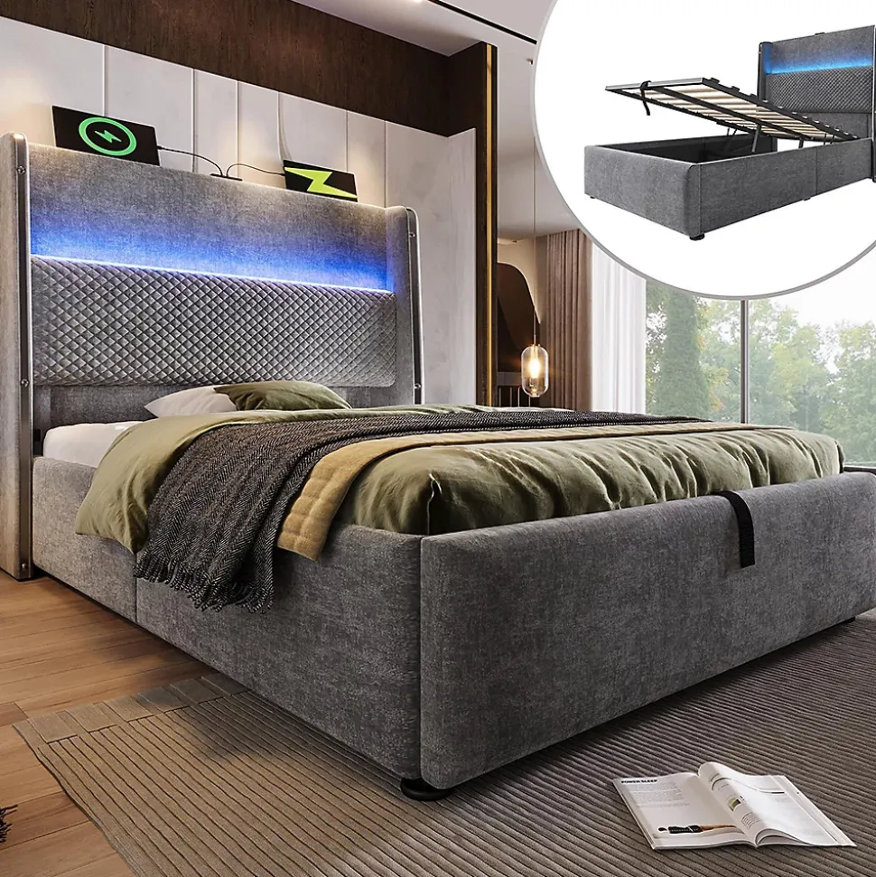 Lit simple 90x200 cm, tête haute, LED/USB, hydraulique, lin - gris