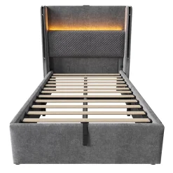 Lit simple 90x200 cm, tête haute, LED/USB, hydraulique, lin - gris