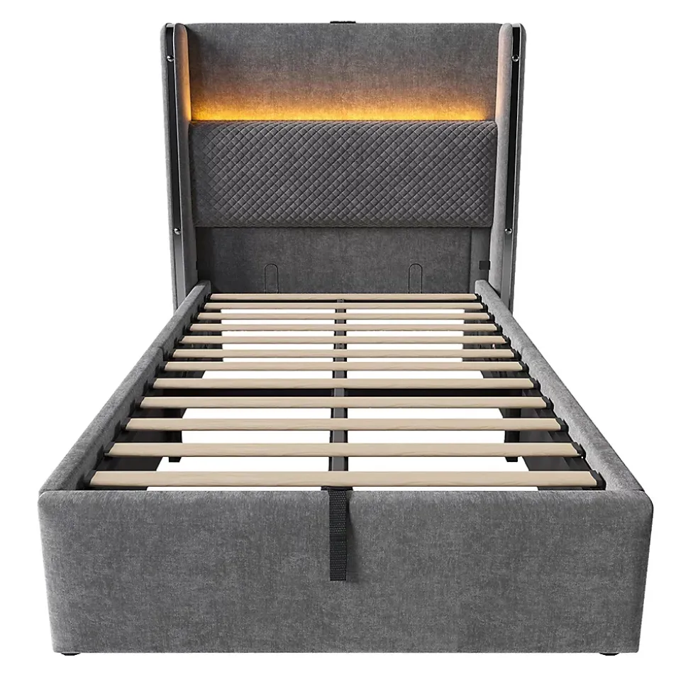 Lit simple 90x200 cm, tête haute, LED/USB, hydraulique, lin - gris