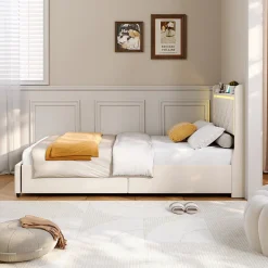 Lit simple 90x200 cm velours beige avec tiroirs, rangement tête et lit à gaz, LED, ports USB et Type-C, design moderne