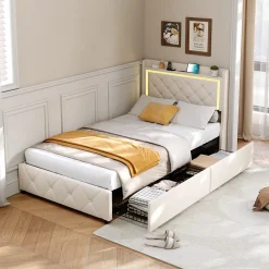 Lit simple 90x200 cm velours beige avec tiroirs, rangement tête et lit à gaz, LED, ports USB et Type-C, design moderne