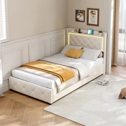 Lit simple 90x200 cm velours beige avec tiroirs, rangement tête et lit à gaz, LED, ports USB et Type-C, design moderne