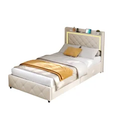 Lit simple 90x200 cm velours beige avec tiroirs, rangement tête et lit à gaz, LED, ports USB et Type-C, design moderne