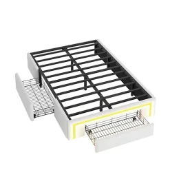 Lit simple 90x200cm - 2 tiroirs - sans tête de lit - LED - blanc (matelas non inclus)