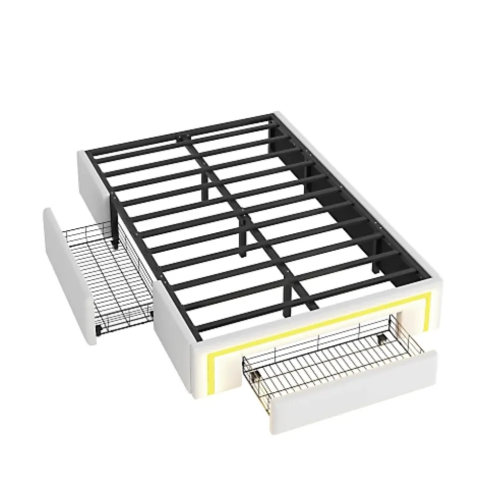 Lit simple 90x200cm - 2 tiroirs - sans tête de lit - LED - blanc (matelas non inclus)