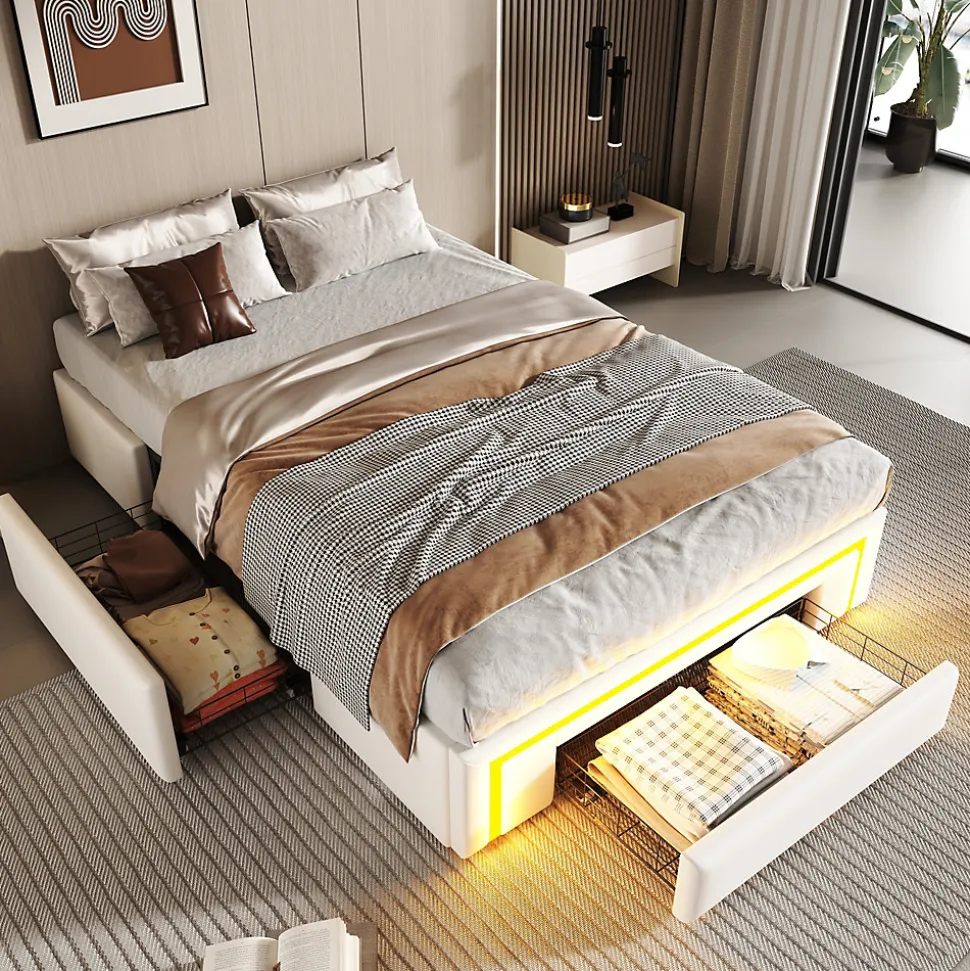 Lit simple 90x200cm - 2 tiroirs - sans tête de lit - LED - blanc (matelas non inclus)