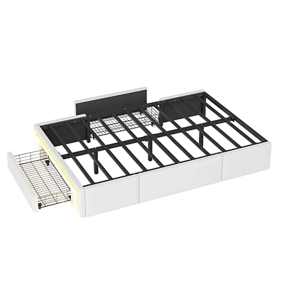 Lit simple 90x200cm - 2 tiroirs - sans tête de lit - LED - blanc (matelas non inclus)