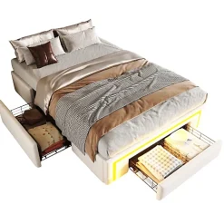 Lit simple 90x200cm - 2 tiroirs - sans tête de lit - LED - blanc (matelas non inclus)