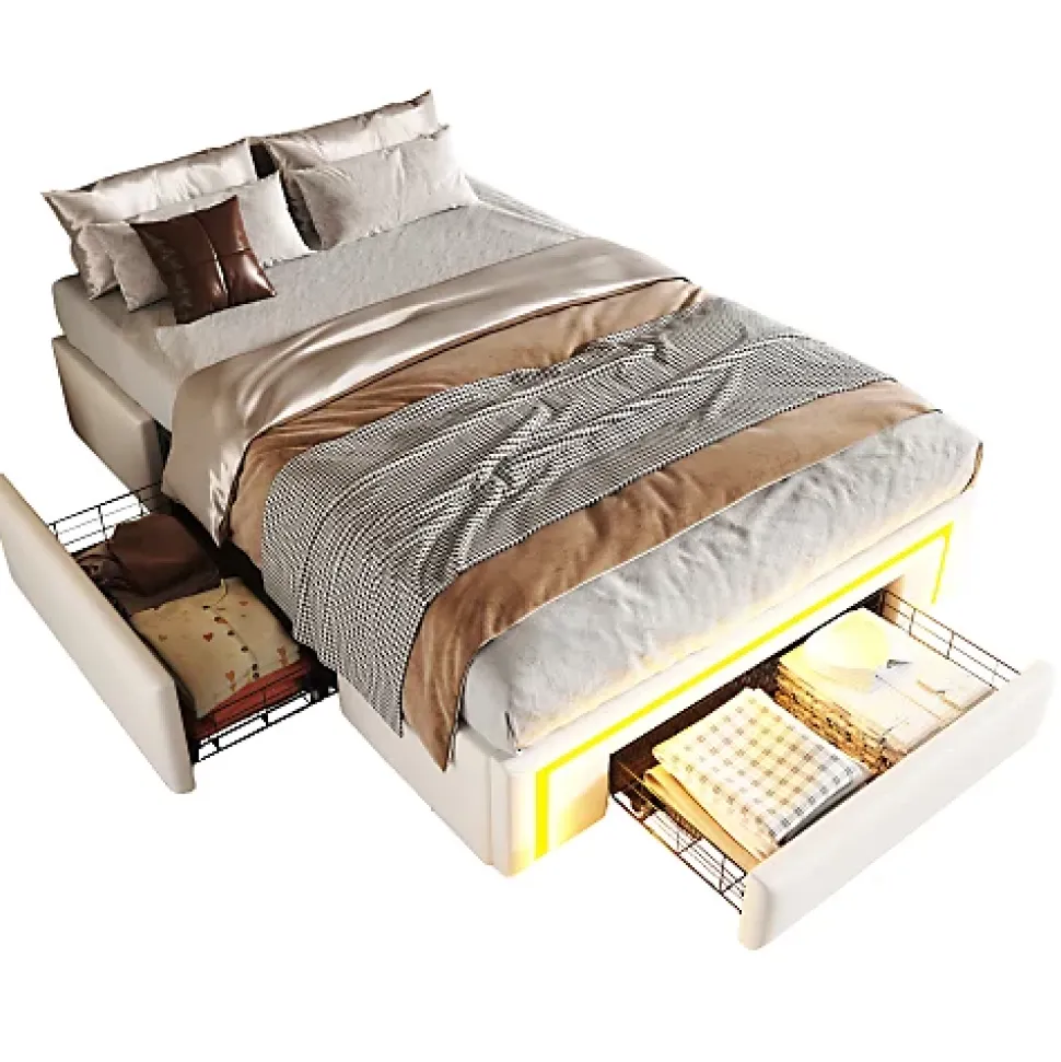 Lit simple 90x200cm - 2 tiroirs - sans tête de lit - LED - blanc (matelas non inclus)