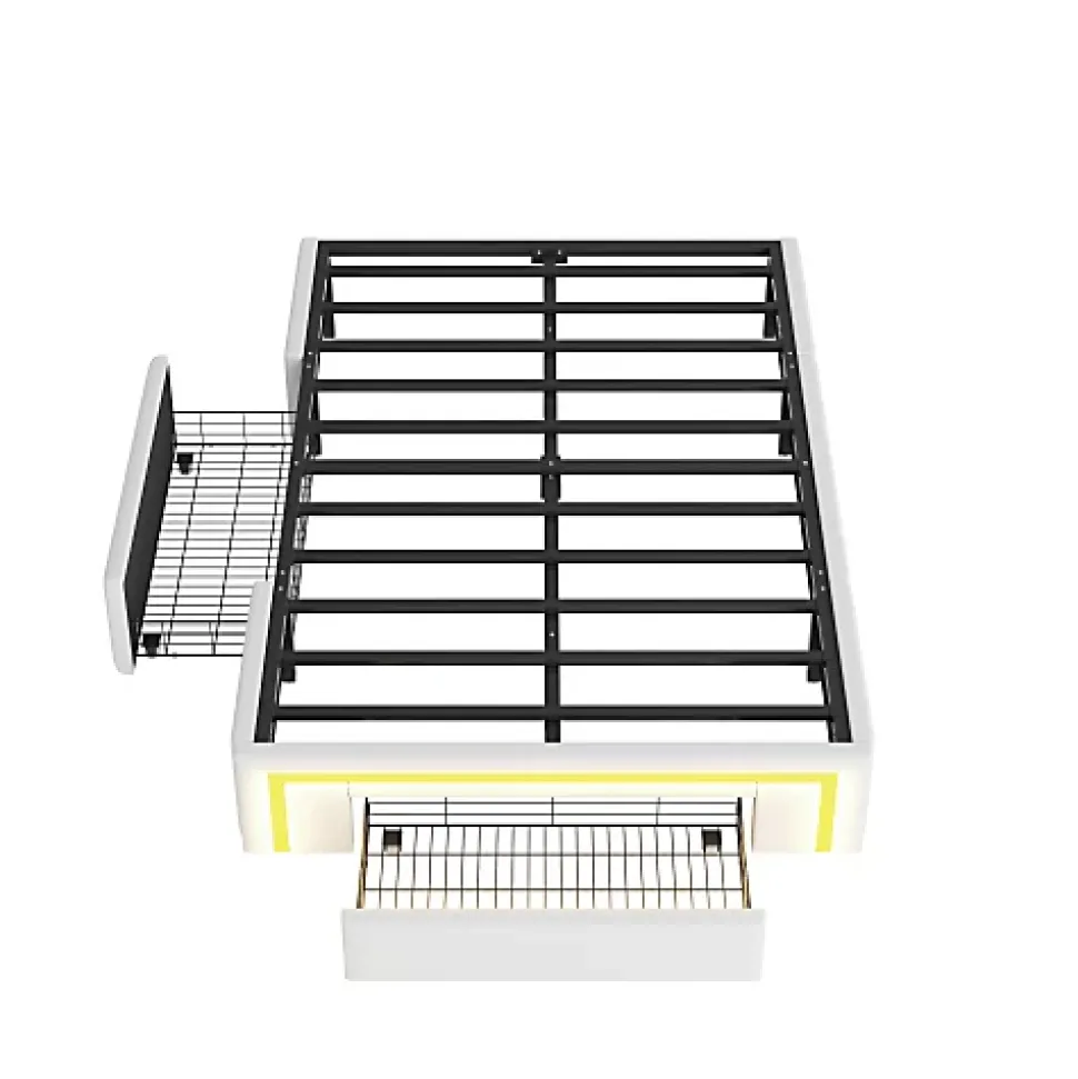 Lit simple 90x200cm - 2 tiroirs - sans tête de lit - LED - blanc (matelas non inclus)