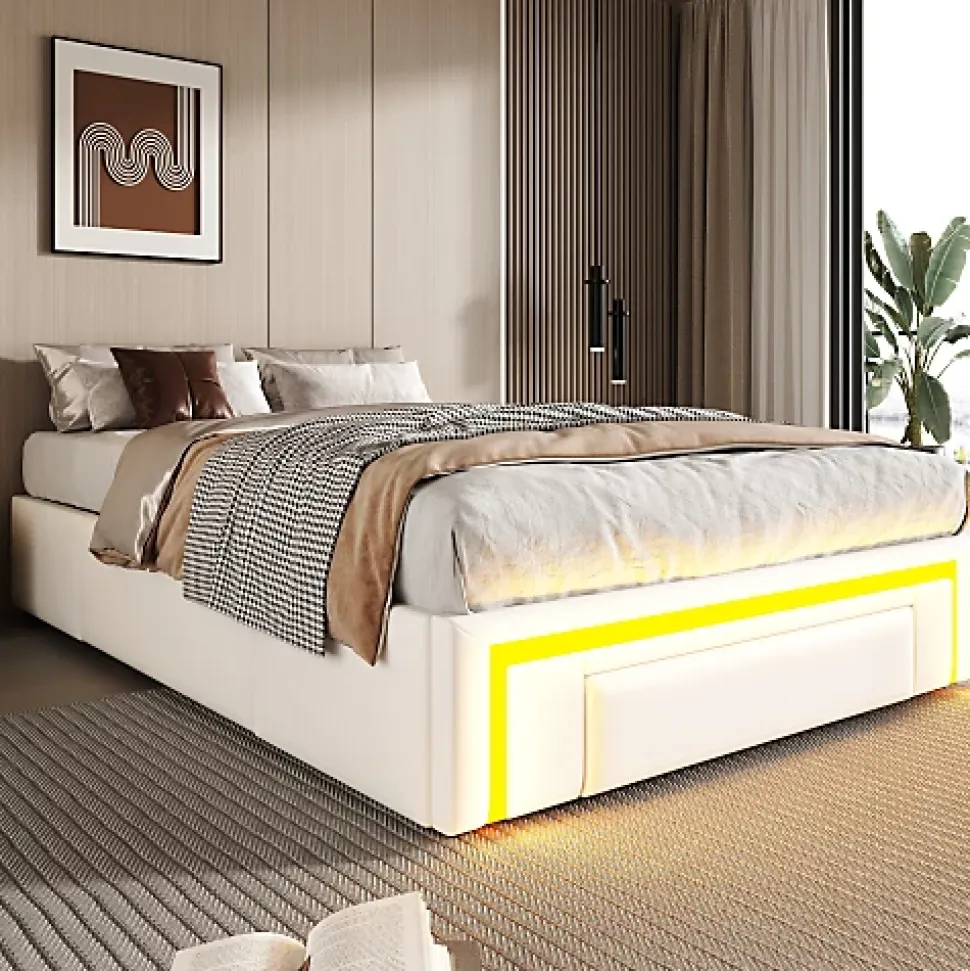 Lit simple 90x200cm - 2 tiroirs - sans tête de lit - LED - blanc (matelas non inclus)