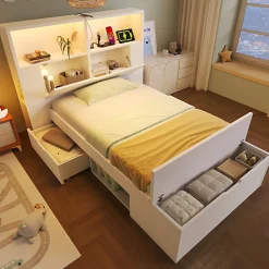 Lit simple 90x200cm - avec lumière LED et port USB - avec banc coffre - grand espace de rangement - Blanc (sans matelas)