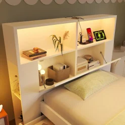 Lit simple 90x200cm - avec lumière LED et port USB - avec banc coffre - grand espace de rangement - Blanc (sans matelas)