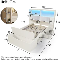 Lit simple 90x200cm - avec lumière LED et port USB - avec banc coffre - grand espace de rangement - Blanc (sans matelas)