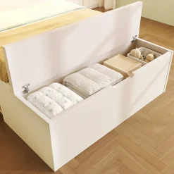 Lit simple 90x200cm - avec lumière LED et port USB - avec banc coffre - grand espace de rangement - Blanc (sans matelas)