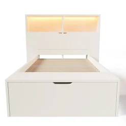 Lit simple 90x200cm - avec lumière LED et port USB - avec banc coffre - grand espace de rangement - Blanc (sans matelas)