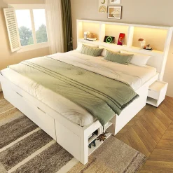 Lit simple 140x200cm - LED - USB-C - rangements - table de chevet mobile - blanc (matelas non inclus)