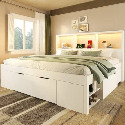 Lit simple 140x200cm - LED - USB-C - rangements - table de chevet mobile - blanc (matelas non inclus)