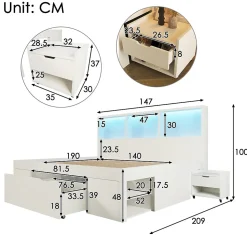 Lit simple 140x200cm - LED - USB-C - rangements - table de chevet mobile - blanc (matelas non inclus)