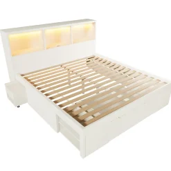 Lit simple 140x200cm - LED - USB-C - rangements - table de chevet mobile - blanc (matelas non inclus)