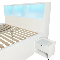 Lit simple 140x200cm - LED - USB-C - rangements - table de chevet mobile - blanc (matelas non inclus)